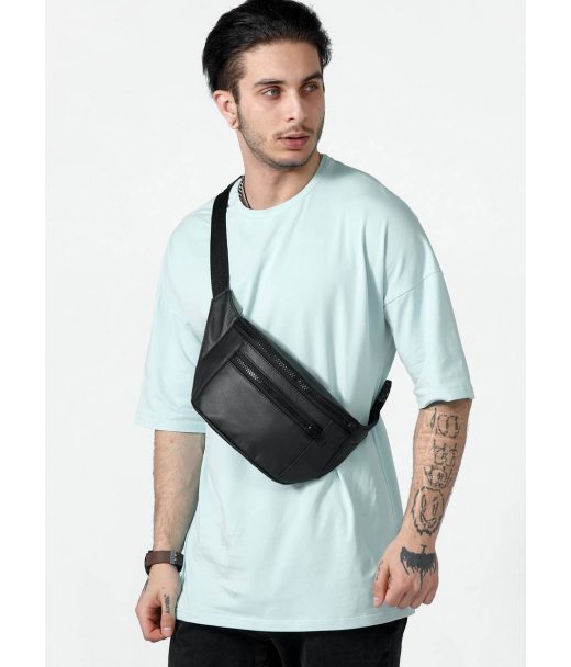 Мужская поясная кожаная сумка бананка Sambag Tirso Max черная