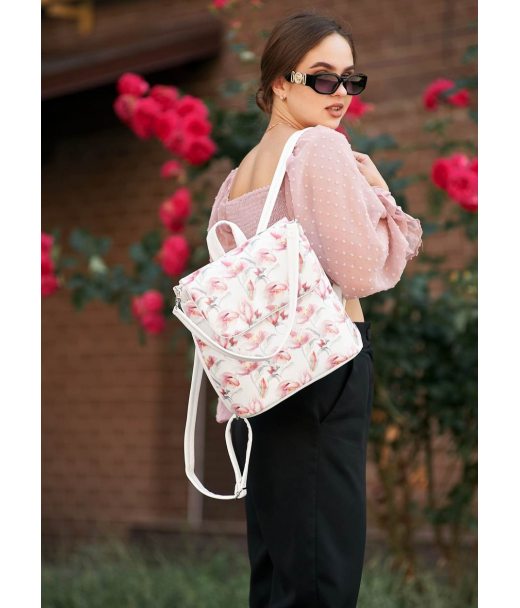 Жіночий рюкзак-сумка Sambag Loft білий з принтом "Flowers"