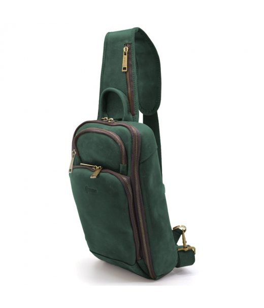 Кожаный рюкзак слинг на одно плечо TARWA RE-0910-4lx зеленый цвет