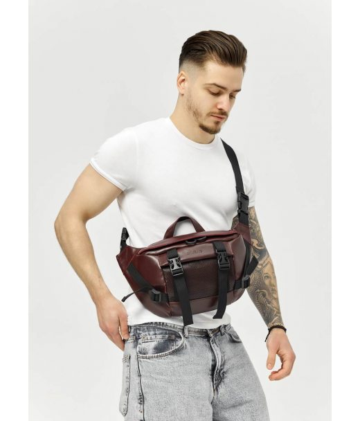 Большая кожаная мужская поясная сумка бананка Sambag dynamicdart марсала