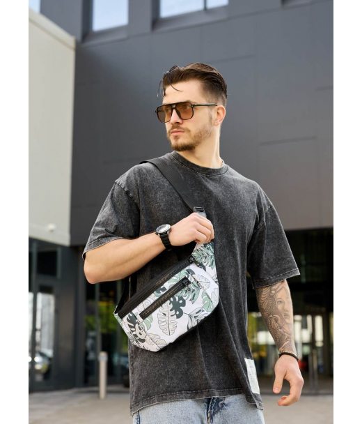 Велика чоловіча сумка на пояс бананка Sambag Tirso Max принт "Leaves"