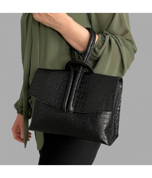 Сумка жіноча "Нота" натуральна шкіра, чорна,тиснення під крокодила