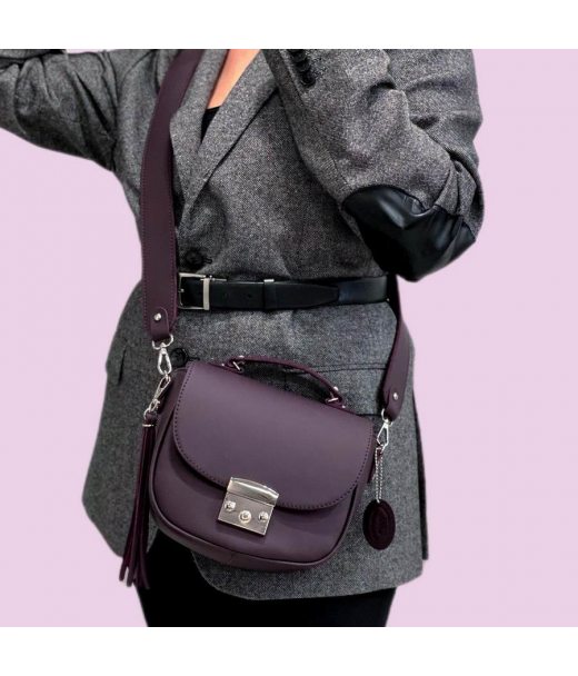 Сумка жіноча "Ріміні" натуральна шкіра, баклажан суперматова з тисненням плетінка