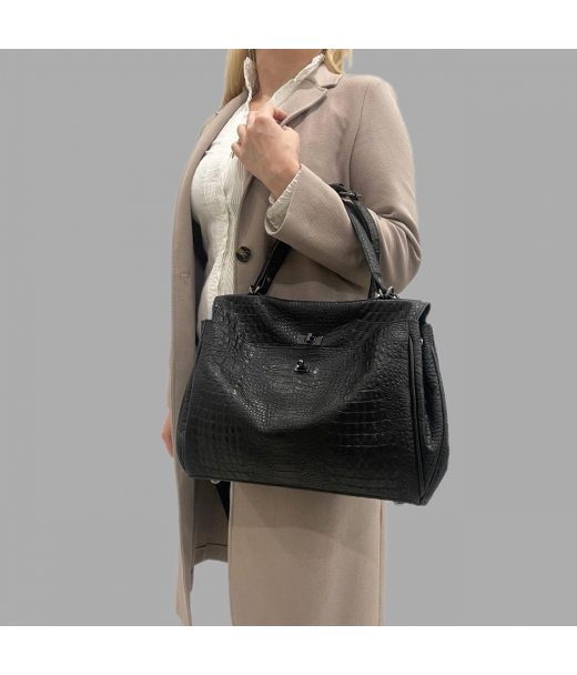 Сумка жіноча "Діана" натуральна шкіра, чорна під крокодила