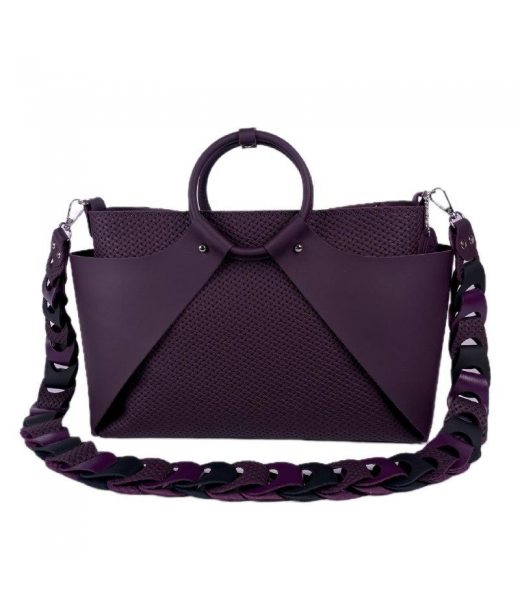 Сумка жіноча "РОНДА" натуральна шкіра, баклажан матова з плетінкою та з плетеним ременем