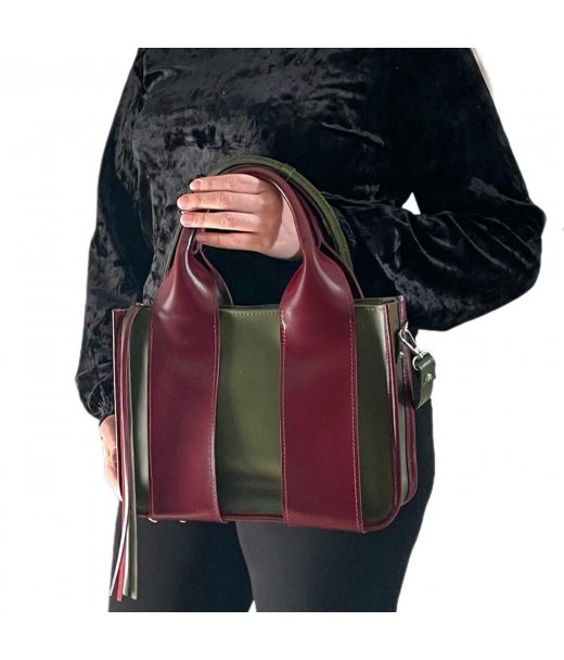 Сумка жіноча "Фіона S" натуральна шкіра, хакі/бургунді глянцева