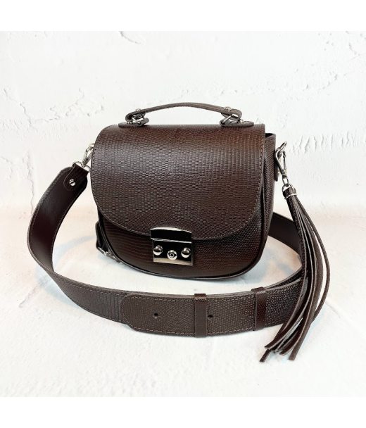 Сумка жіноча "Ріміні" на замку, натуральна шкіра, коричнева (шоколад) матова під рептилію