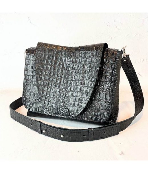 Сумка женская "Мишель" натуральная кожа, черная / тиснение под крокодила