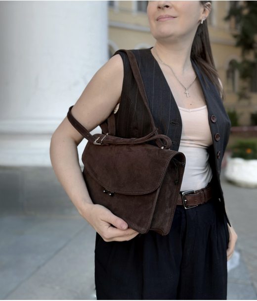 Сумка женская "Богема" натуральная кожа, замш коричневая (шоколад)