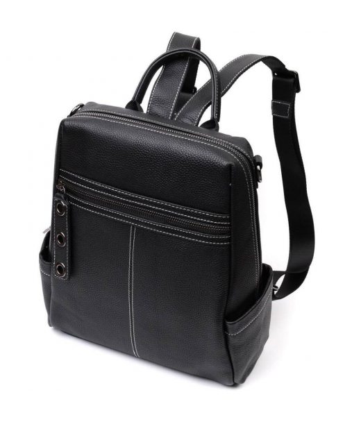 Місткий жіночий рюкзак-сумка прошитий білим рядком з натуральної шкіри Vintage 22314 Чорний Місткий жіночий рюкзак-сумка прошитий білим рядком з натуральної шкіри Vintage 22314 Чорний