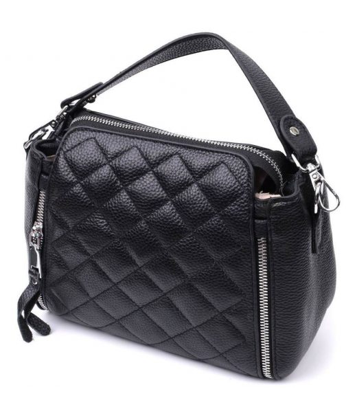 Трендова сумка для жінок у ромби з натуральної шкіри Vintage 22667 Чорна Трендова сумка для жінок у ромби з натуральної шкіри Vintage 22667 Чорна