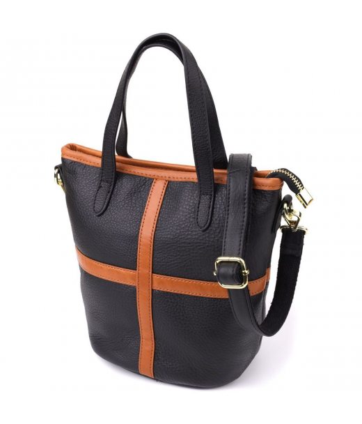 Жіноча шкіряна сумка з коричневою вставкою на лицьовій стороні Vintage 22997 Чорний