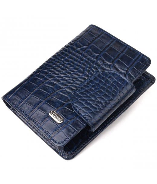 Практичный вертикальный женский кошелек из натуральной кожи с тиснением под крокодила CANPELLINI 21677 Синий