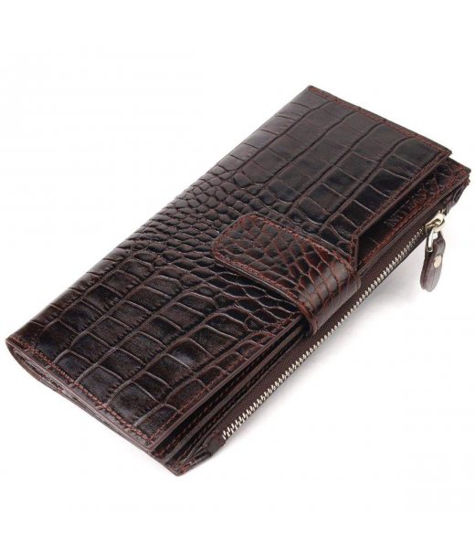 Місткий гаманець з натуральної шкіри з тисненням під крокодила CANPELLINI 21637 Коричневий Місткий гаманець з натуральної шкіри з тисненням під крокодила CANPELLINI 21637 Коричневий