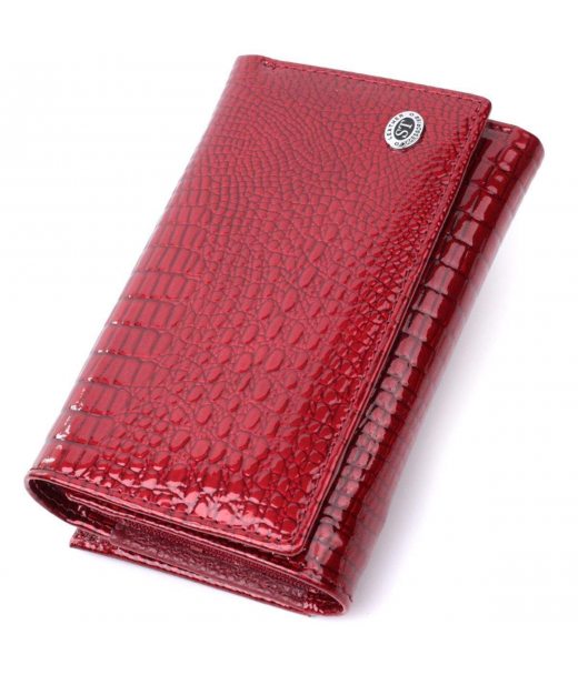 Гаманець жіночий три складення з лакованої фактурної натуральної шкіри ST Leather 22708 Червоний