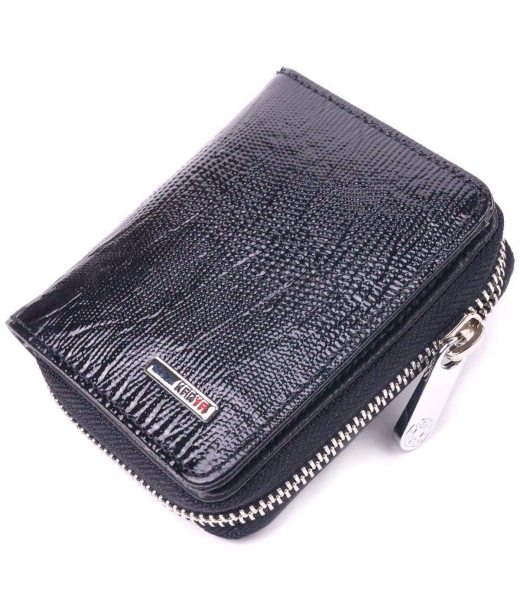 Лакований гаманець для жінок з монетницею на блискавці з натуральної шкіри фактурної KARYA 21411 Чорний
