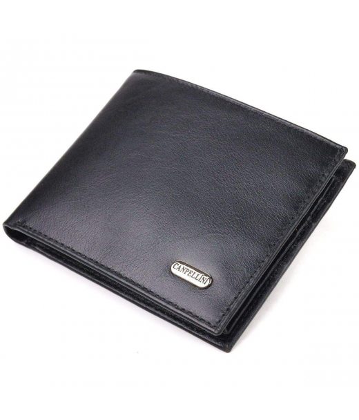 Якісний гаманець для чоловіків у два складення з натуральної гладкої шкіри CANPELLINI 21579 Чорний Якісний гаманець для чоловіків у два складення з натуральної гладкої шкіри CANPELLINI 21579 Чорний