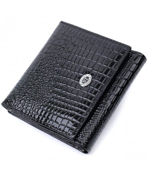 Компактний жіночий гаманець з натуральної лакованої шкіри ST Leather 22688 Чорний