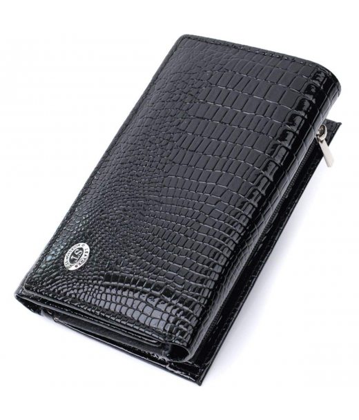 Жіночий гаманець у три складання з лакованої фактурної натуральної шкіри ST Leather 22707 Чорний