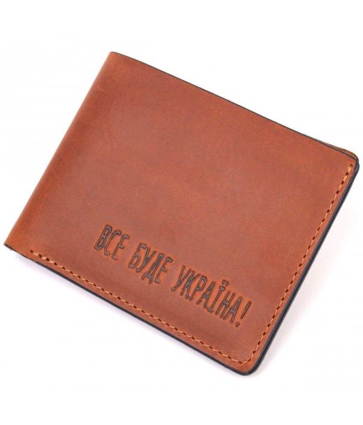 Надійний чоловічий шкіряний гаманець у два складання Україна GRANDE PELLE 16738 Світло-коричневий