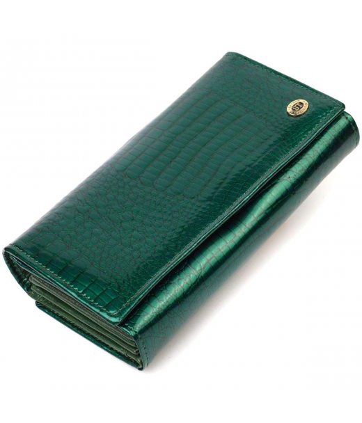 Лакований жіночий гаманець із блоком для візиток з натуральної шкіри ST Leather 19424 Зелений Лакований жіночий гаманець із блоком для візиток з натуральної шкіри ST Leather 19424 Зелений