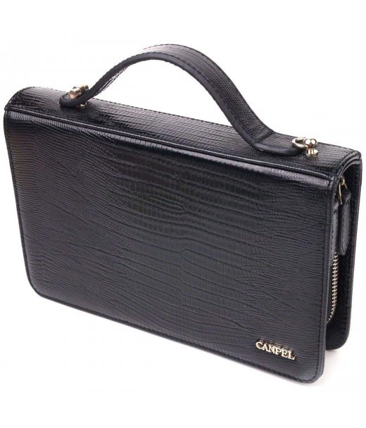 Незвичайна чоловіча барсетка на два відділення з натуральної фактурної шкіри з тисненням під рептилію CANPELLINI 21571 Чорна