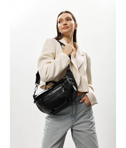 Женская кожаная сумка-бананка через плечо Sambag DistrictDart черная